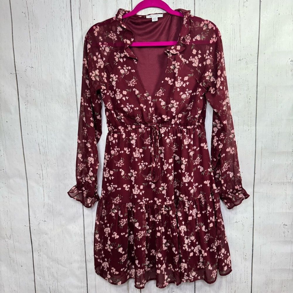 American Eagle Burgundy Floral Self Tie Cinch Waist Mini Dress Boho Romantic M